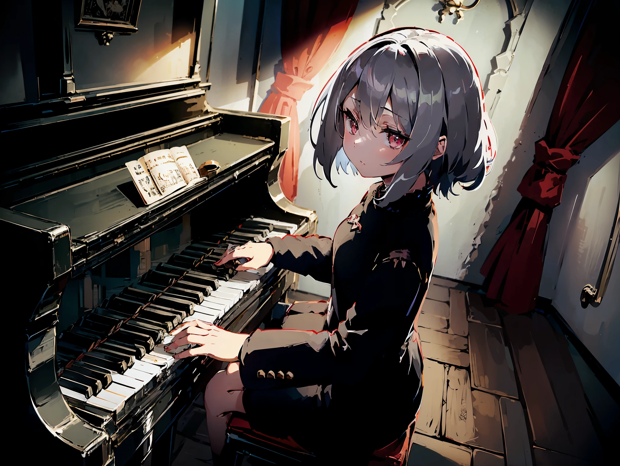 ((Cinematic view)), a girl with beautiful silver hair and expressionless red eyes, wearing a black , sitting and playing the piano, in a dark room, (vivid collors), (((anime_colors))).