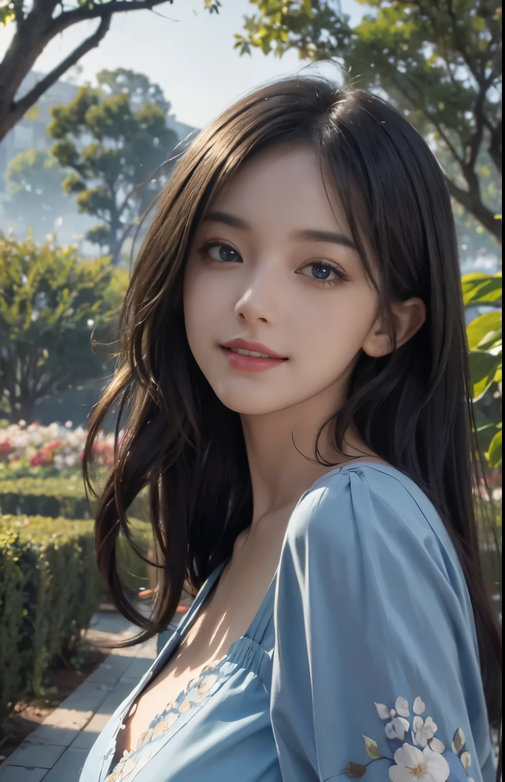 (ultra realistic) , (illustration), (increase resolution), (8K), (extremely detailed), (best illustration), (beautiful detailed eyes), (best quality), (ultra-detailed), (masterpiece), (wallpaper), (detailed face), solo,1 girl, looking at viewers, black straight hair, delicate details, in the dark, deep shadow, low key, pureerosfaceace_v1, happy smile, blue summer dress, full body, garden