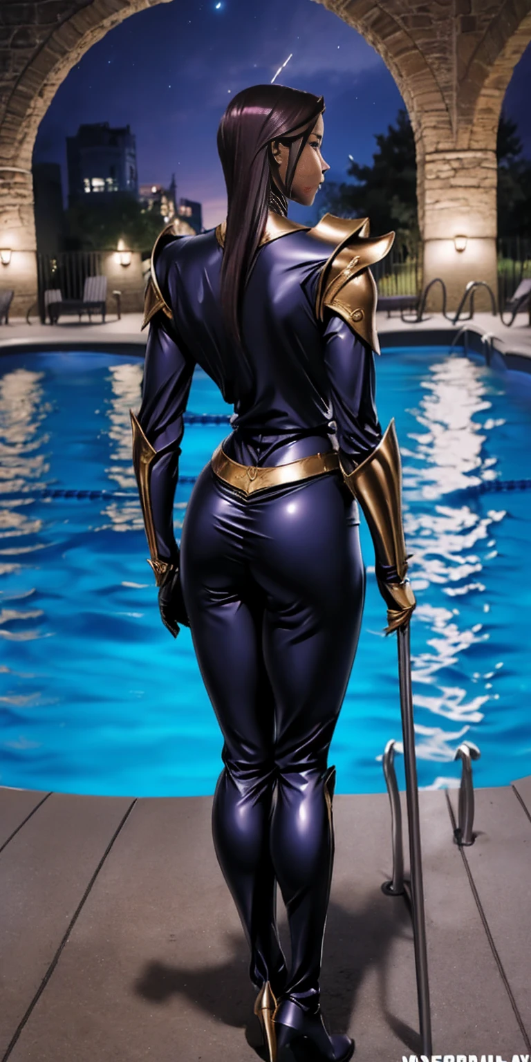 masterpiece, best quality, high quality, 1solo dark black SKIN elf, long hair, white hair, yellow eyes, full body, breastplate, looking at viewer, shiny, armor, thigh highs, high boots, shoulder armor, faulds, poleyn, gloves, gauntlets, (((1 girl))), medium to large breasts, a beautiful and cute lady, standing, (((in the pool at night))), (big muscular ass), {{{wearing armor }}} (thin waist), (incredibly beautiful full body photo, standing, (((bright eyes))), good anatomy, perfect hand muscular legs))), thin waist, muscular abdomen, wearing black high heel shoes, (((with her back to me showing her big shapely ass to me))), grabbing own ass