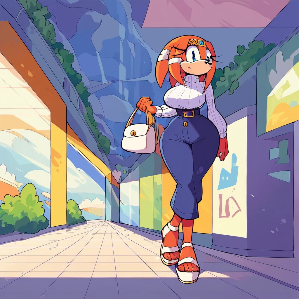 score_9, score_8_up, 2D, flat color, 1girl, solo, outdoors, tikal the echidna from the sonic the hedgehog series, wide hips, narrow waist, casual clothing, heeled sandals, walking, mall, (white long sleeve turtleneck sweater), (black wide elastic waist belt with gold buckle), navy blue pants, milf sized bust, large breasts, milf, makeup, milf figure, motherly figure, carrying purse
