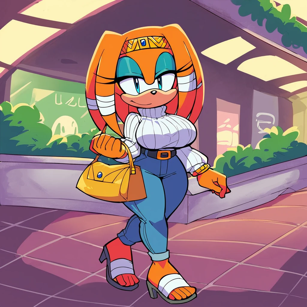 score_9, score_8_up, 2D, flat color, 1girl, solo, outdoors, tikal the echidna from the sonic the hedgehog series, wide hips, narrow waist, casual clothing, heeled sandals, walking, mall, (white long sleeve turtleneck sweater), (black wide elastic waist belt with gold buckle), navy blue pants, milf sized bust, large breasts, milf, makeup, milf figure, motherly figure, carrying purse
