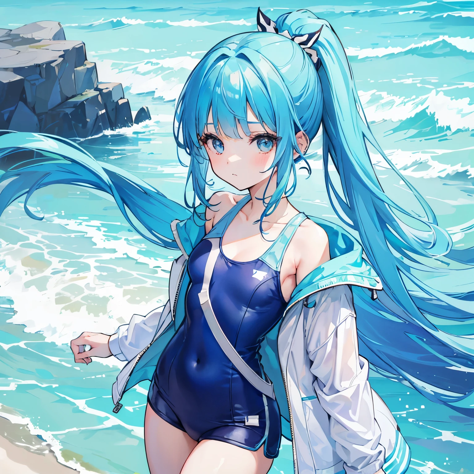 Girl wearing one-piece swim suit with light blue shorts and a thin light-weight jacket, cute anime bangs fringe, high ponytail and hair accessories.