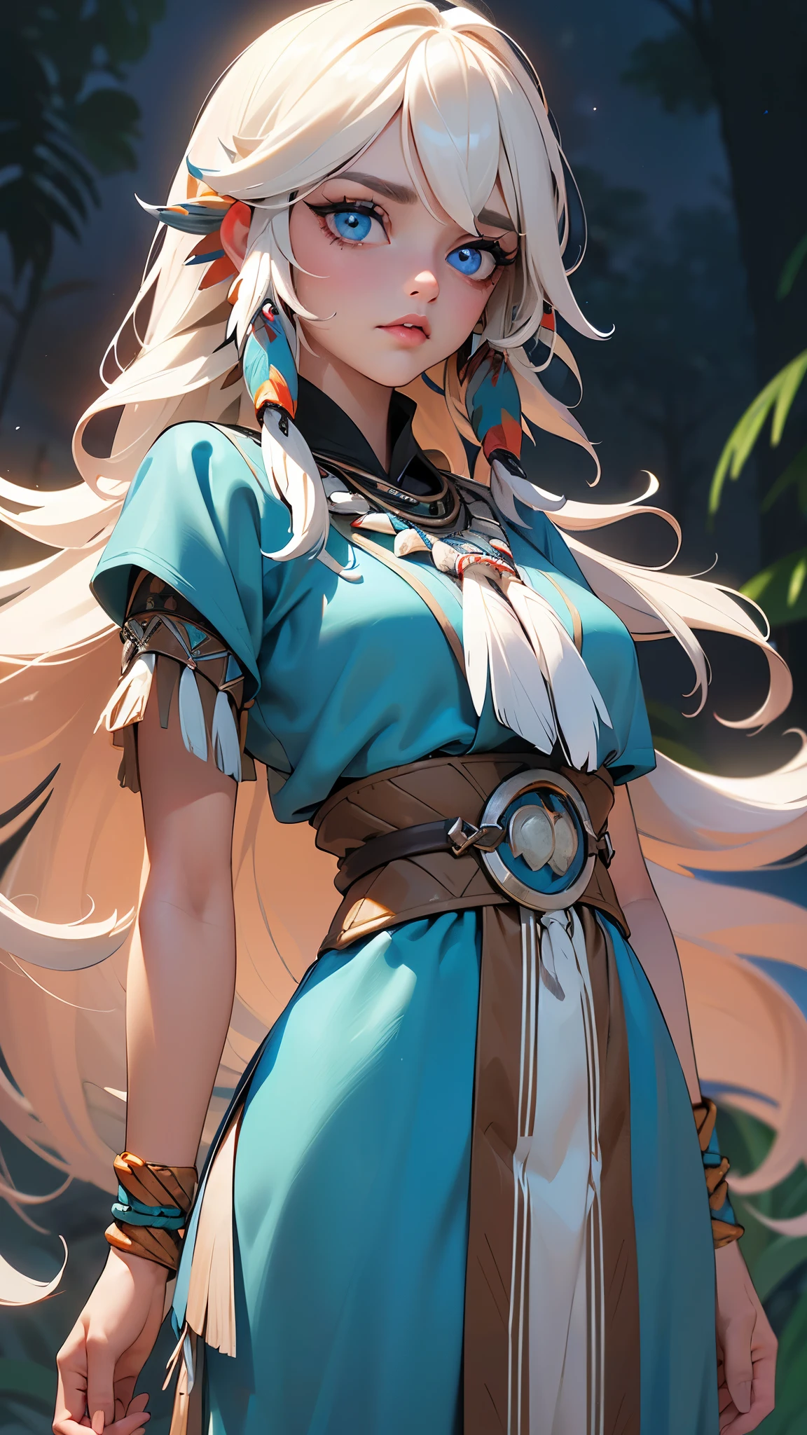 score_9, score_8_up, score_7_up, score_6_up, rating_explicit, 1girl, ((18YO:1.2)), Adult, full lips, big clear eyes, light blue eyes, ((blond hair:1)), (long wavy hair: 1.2), (female native American:1.4) ,(plumas de indio native :1.4), (Detalles de la cara: 1.5, ojos azules brillantes, hermoso rostro, ojos bonitos, Contorno del iris, labios delgados: 1.5, Thin, sharp pale eyebrows, Long, dark eyelashes, double tabs),manos perfectas: 1.5, (fondo bosque hojas grandes :1.4), (native American V2.1), (native American:1.4), (fondo desierto casa native American:1.4) 