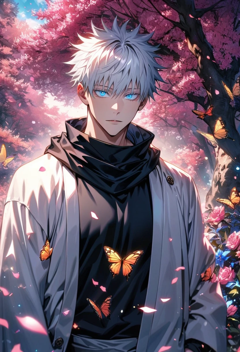 Ultra detailed, highres, absurdres, HDR, Gojou Satoru, white hair with bangs, blue eyes, black scarf, black tight shirt, white haori, Jujutsu Kaisen, handsome, 1 man only, pink forest, butterflies, flowers, petals,