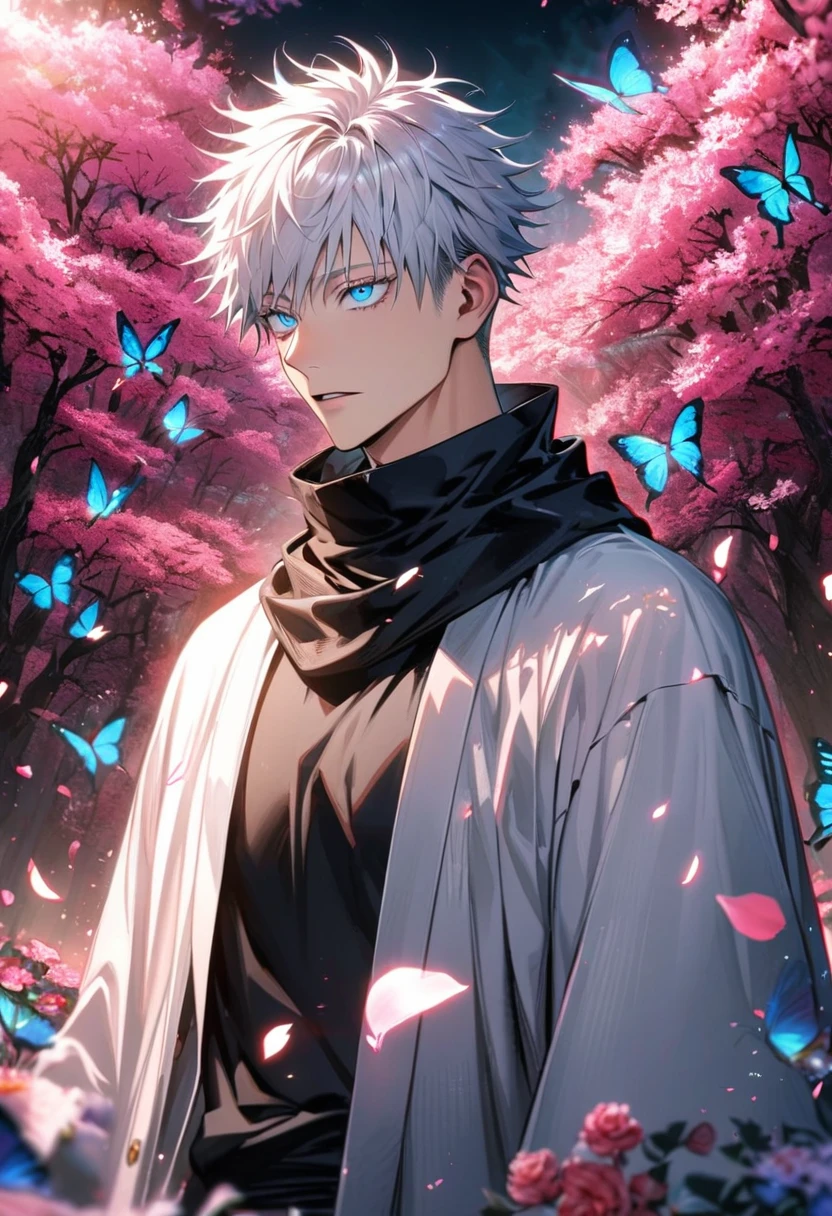 Ultra detailed, highres, absurdres, HDR, Gojou Satoru, white hair with bangs, blue eyes, black scarf, black tight shirt, white haori, Jujutsu Kaisen, handsome, 1 man only, pink forest, butterflies, flowers, petals,