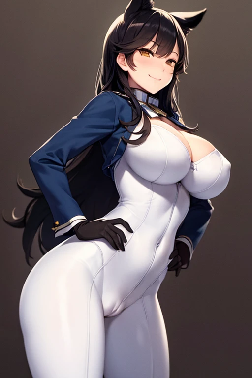 perfect face, atago, black hair, long hair, brown eyes, animal ears, ((dark background)), facing forward, cowboy shot, lust smile, in the center, giant breasts, ((on her knees)), hands on hips, ((white bodysuit)), cleavage, cameltoe