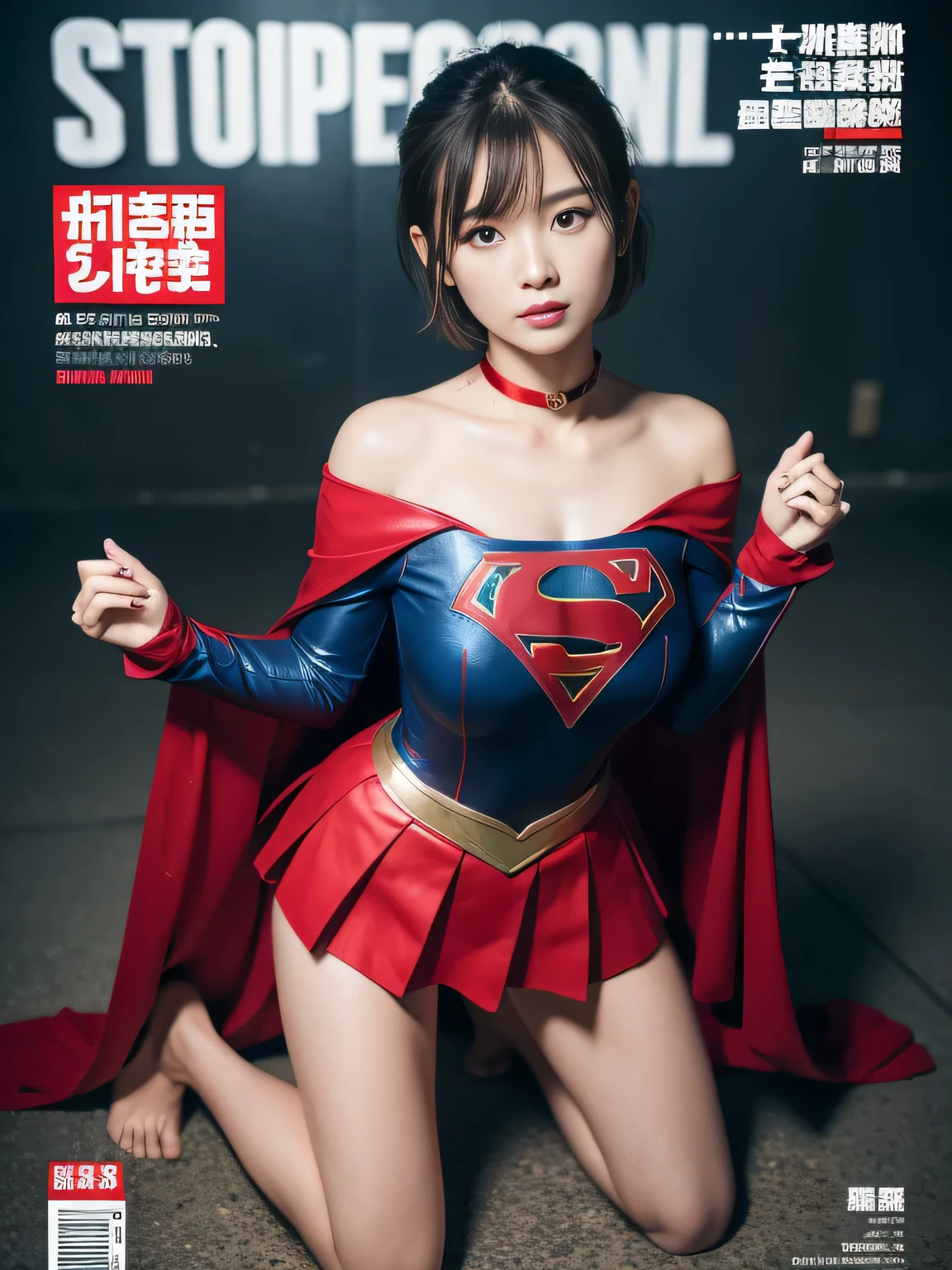 masterpiece、supergirl costume、short hair、barefoot、big and full breasts、Crisis situation、prison、camp、kneel down、sweaty、shiny、look at the camera、provoke、Estrus、choker、Weekly magazine cover、long sleeve、red mini skirt、humiliating、seductive pose、Glamorous、off shoulder、model body shape、Oily Skin、charm、charming、abused、