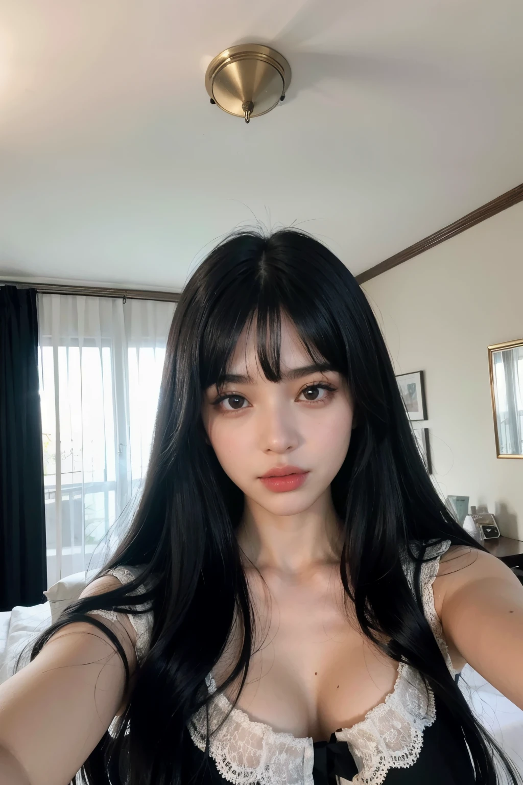 Araped woman with long black hair and black blouse posing for selfie, Cerveza Soft Devil Queen Madison, Violet Myers, curtain bangs, No makeup, wavy hair, Madison Beer, without makeup, Portrait of Madison's Beer Girl, 중앙에서 분리된 curtain bangs, Profile picture, Use Instagram Filters, Subtle soft and dim light, posing in a bedroom, perfect face, julia sardinian