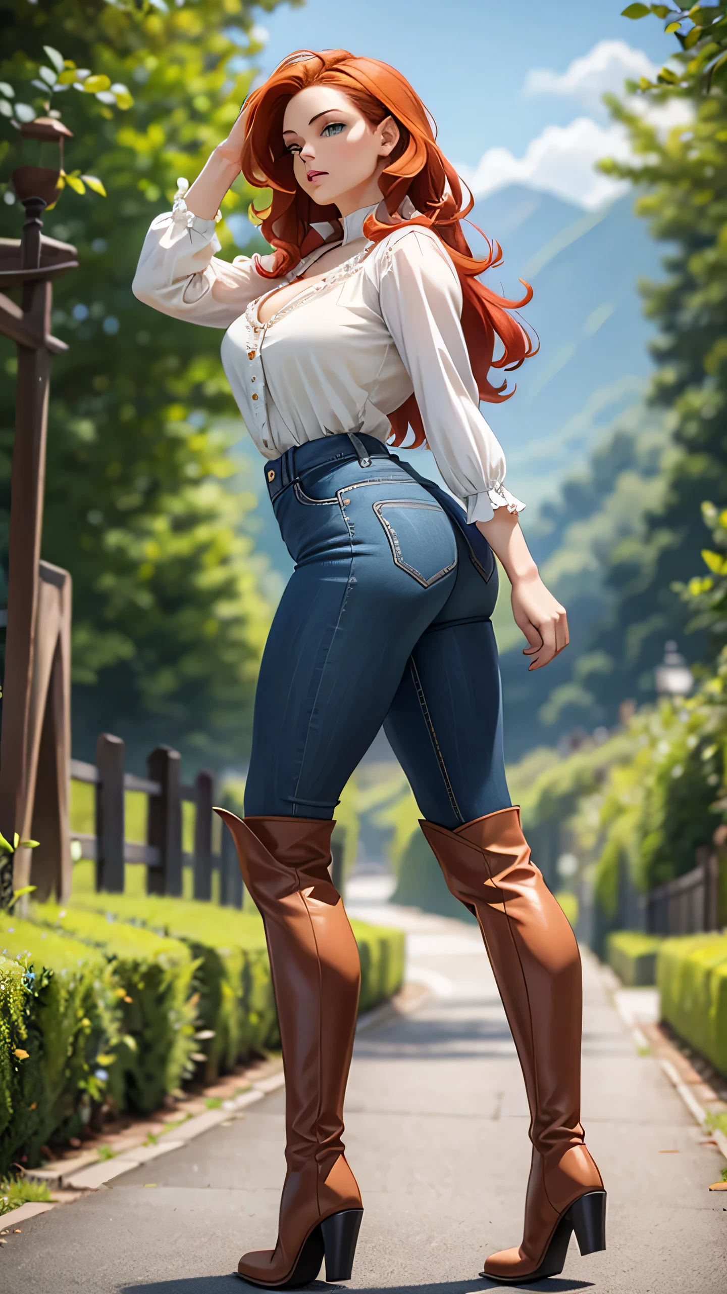 1woman,redhead,ginger,green eyes,fine face,fine lips,British descent,(muscular),long hair,wavy hair,cottage blouse,cleavage blouse,Victorian blouse,lether pants,long boots,lether boots,Slouchy over-the-knee boots, view from side, looking at viewer, perfectly standing body facing right side to viewer, side view, round ass cheeks, full body image, 