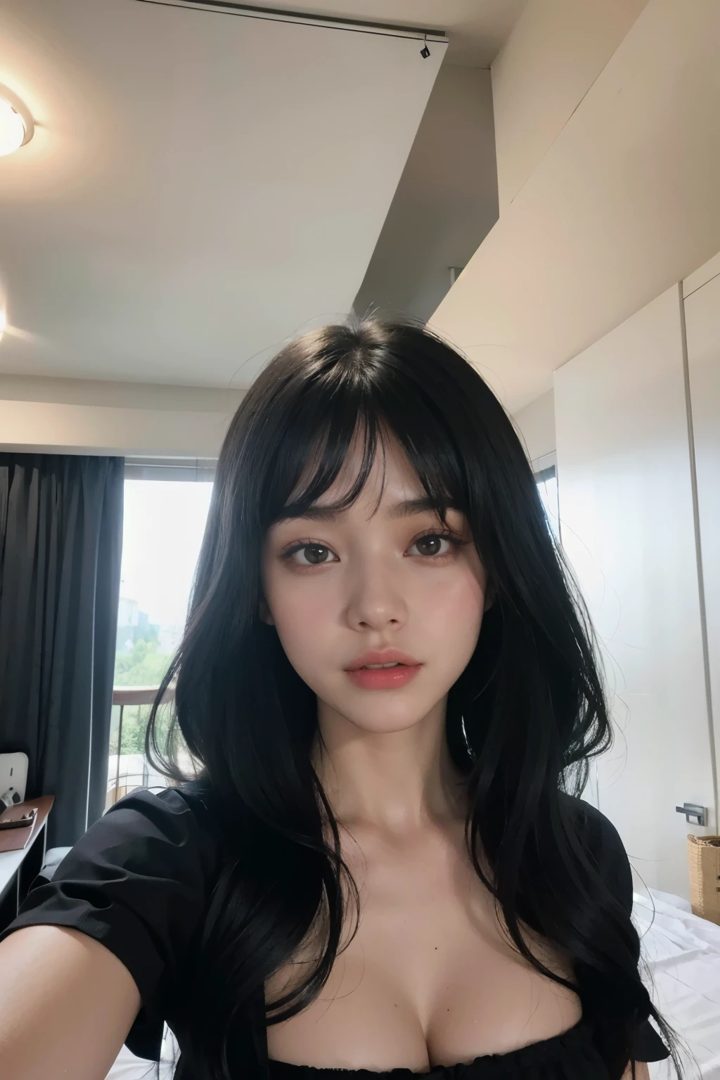 Araped woman with long black hair and black blouse posing for selfie, Cerveza Soft Devil Queen Madison, Violet Myers, curtain bangs, No makeup, wavy hair, Madison Beer, without makeup, Portrait of Madison's Beer Girl, 중앙에서 분리된 curtain bangs, Profile picture, Use Instagram Filters, Subtle soft and dim light, posing in a bedroom, perfect face, julia sardinian