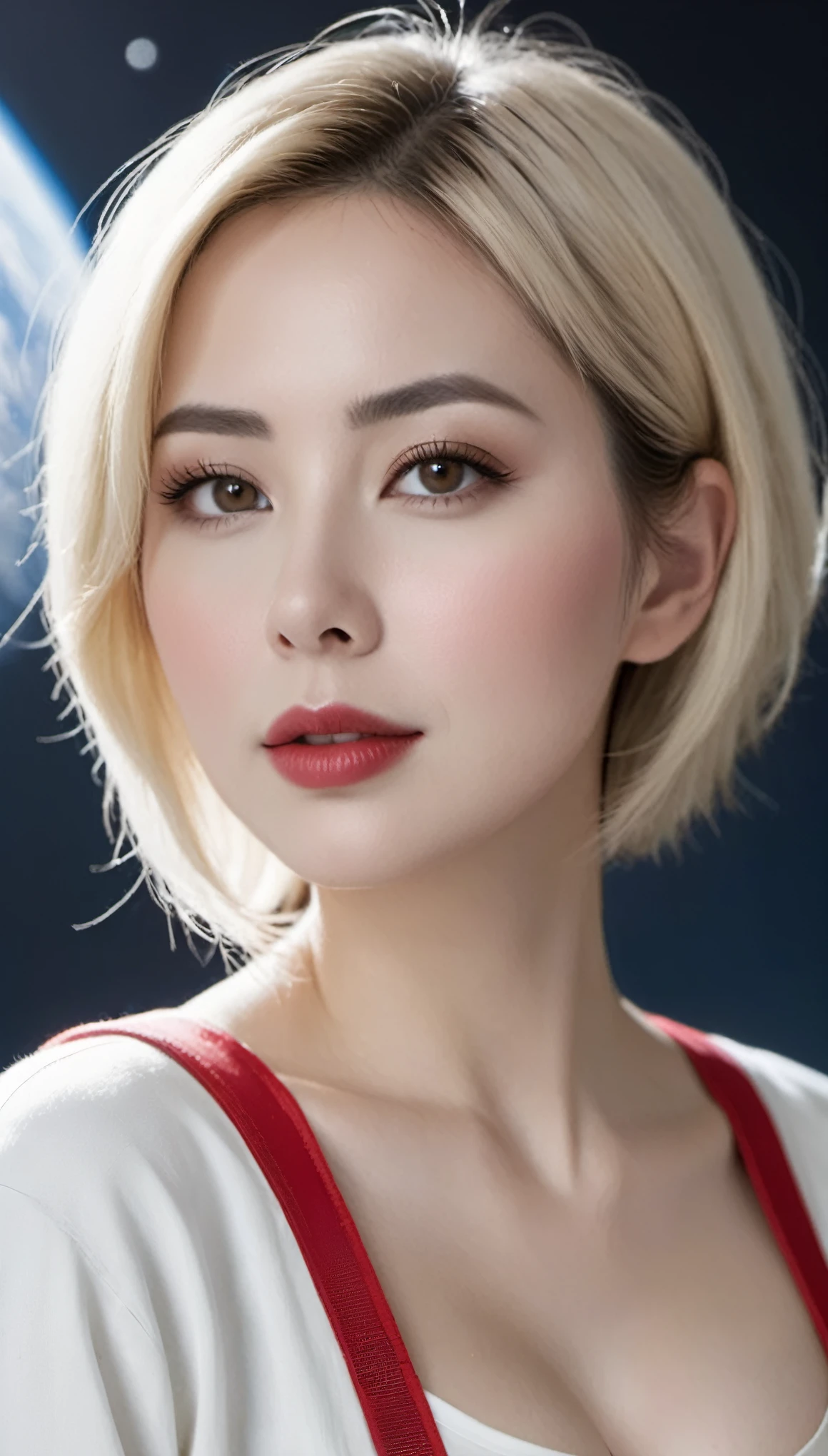 (((surreal woman)))、((very beautiful 30 year old white woman))、(((Big big cleavage)))、(((woman astronaut)))、(((Big big cleavage)))、
short hair、blonde mature、Chubby body type、beautiful expression、fine brown eyes、stay on a huge space station、red lips、(((Please put on your space suit)))、(((alone)))、