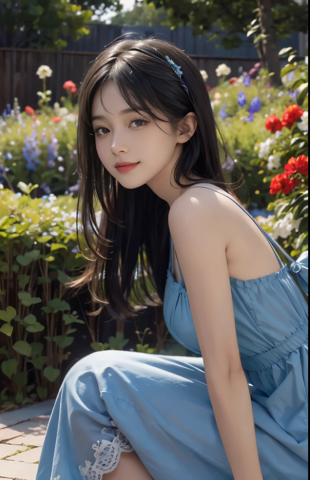 (ultra realistic) , (illustration), (increase resolution), (8K), (extremely detailed), (best illustration), (beautiful detailed eyes), (best quality), (ultra-detailed), (masterpiece),  (wallpaper), (detailed face), solo,1 girl, looking at viewers, black straight hair, delicate details,  in the dark, deep shadow, low key, pureerosfaceace_v1, happy smile, blue summer dress, full body, garden