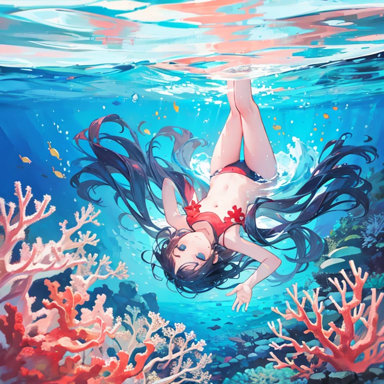 Girl swimming through a beautiful coral reef in the ocean.