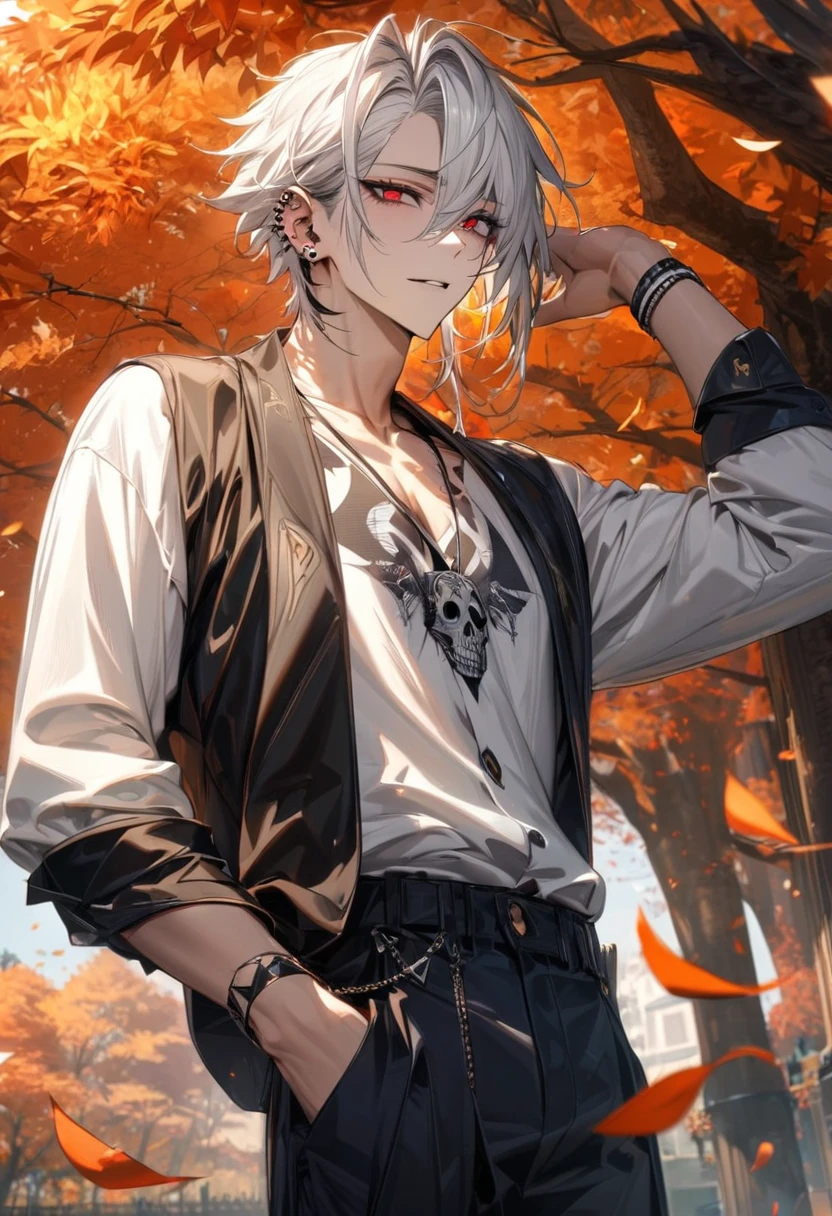 absurdres, highres, ultra detailed, HDR, master piece, best quality, Samatoki Aohitsugi, chin length white hair, expressive red eyes, long eyelashes, 1man, handsome, Hypnosis Mic, multiple piercings on the ears, white shirt with signature skull prints on the chest, dark blue pants, triangle-shaped necklace, black-and-white bracelet, 1man, handsome, orange leaves, autumn, trees, petals  