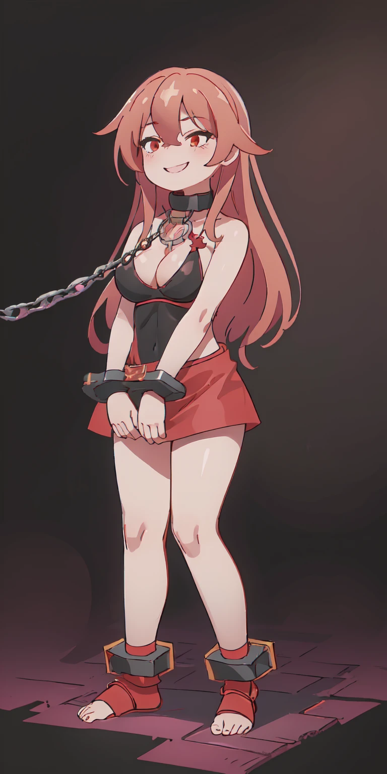 (masterpiece, best quality:1.2), solo, 1girl, hulemy, smile, looking at viewer, (FULL BODY) perfect face, wearing tight leather stealth armor, stalking, BIG KNOCKERS CLEAVAGE, lustful smirking smile red blush red cheeks, chain leash, kneeling, shackles, leather black collar slave, ((BLACK background)) hands on glass