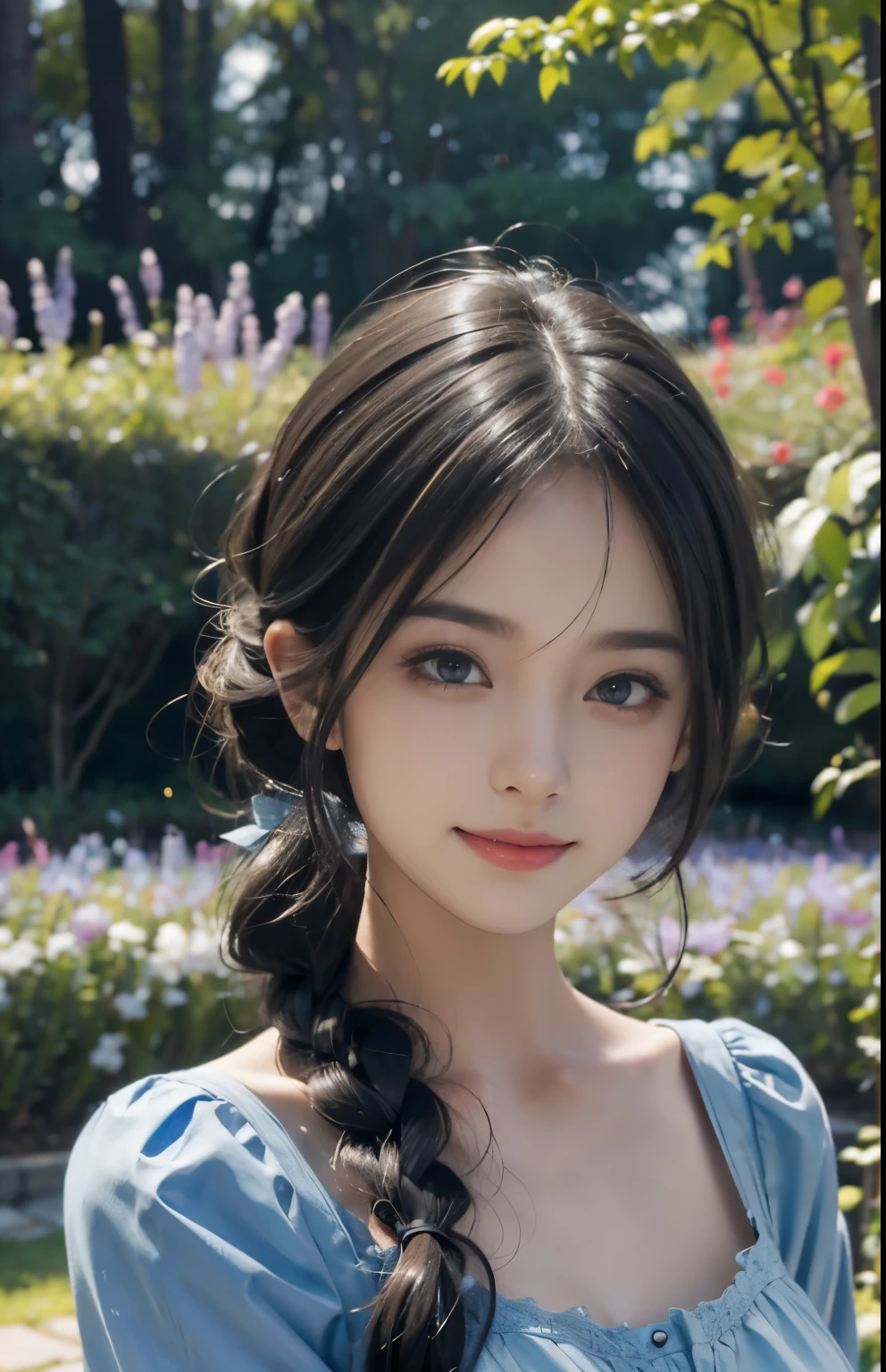 (ultra realistic) , (illustration), (increase resolution), (32k), (extremely detailed), (best illustration), (beautiful detailed eyes), (best quality), (ultra-detailed), (masterpiece),  (wallpaper), (detailed face), solo,1 girl, looking at viewers,  delicate details,  in the dark, deep shadow, low key, pureerosfaceace_v1, happy smile, dark summer dress, full body, Garden,Flat Chest,Clear image,High-quality images,Are thin,Face thinning,Shoulders exposed skin,