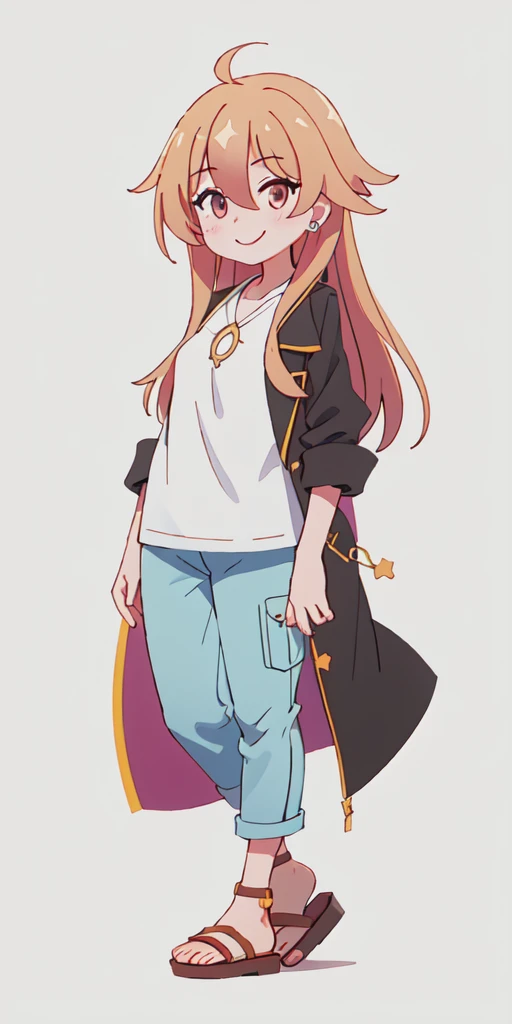 (masterpiece, best quality:1.2), solo, 1girl, hulemy, smile, looking at viewer, black jacket, shirt, pants, sandals, jewelry, earrings