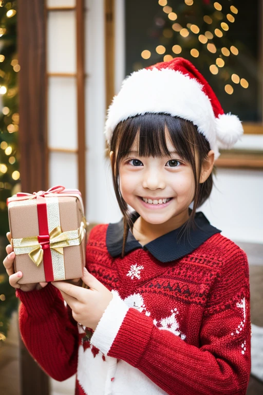 Christmas, Japanese,　6  girl,　great joy　wearing a sweater, wearing a santa hat, Holding a gift box,　whole body