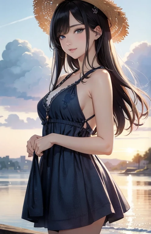 highest quality、4K quality、lean against the wall、Beautiful cleavage、Beautiful Style、tall、Small breasts、Bare buttocks、Small Ass、Shy face、20 year old princess、Bare shouldery skirt is blown up by the wind、ultra detail eye,Shooting from behind、Off-the-shoulder summer dress