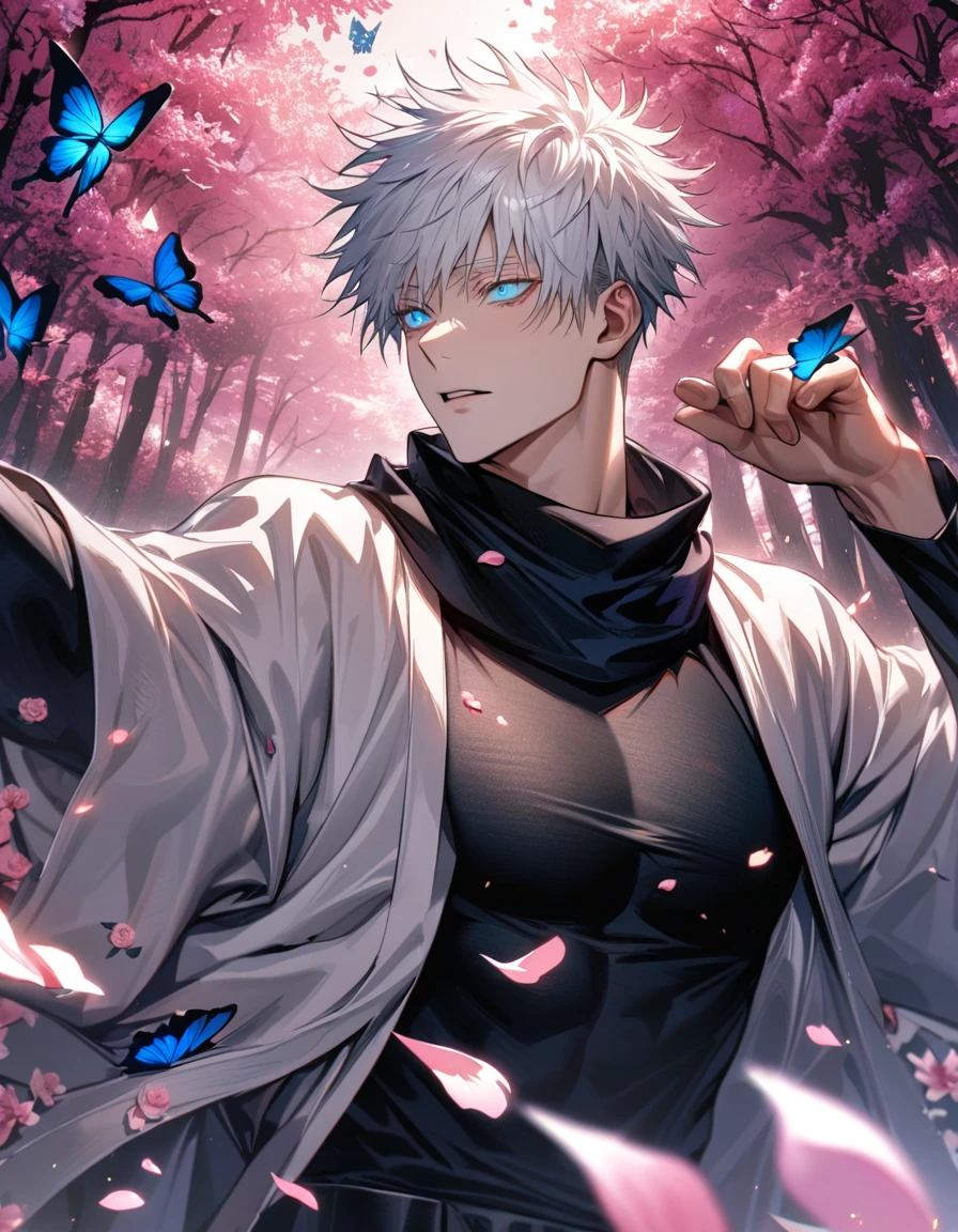 Ultra detailed, highres, absurdres, HDR, Gojou Satoru, white hair with bangs, blue eyes, black scarf, black tight shirt, white haori, Jujutsu Kaisen, handsome, 1 man only, pink forest, butterflies, flowers, petals,
