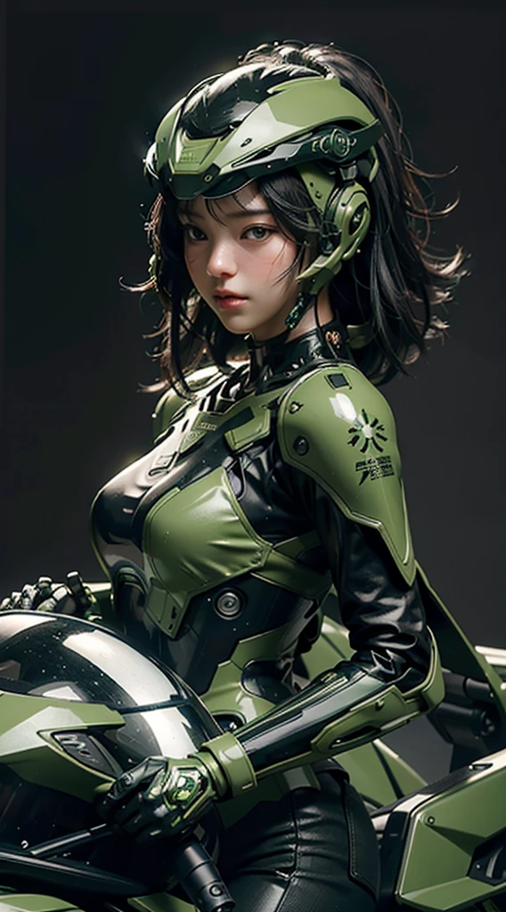 Highest image quality, Excellent details, ultra high resolution, (realism: 1.4), best illustrations, Offer details, Highly concentrated 1girl, Has a delicate and beautiful face, Wearing black and green mecha, Wearing a mecha helmet, holding direction controller, riding a motorcycle, The background is a high-tech light scene of a futuristic city.