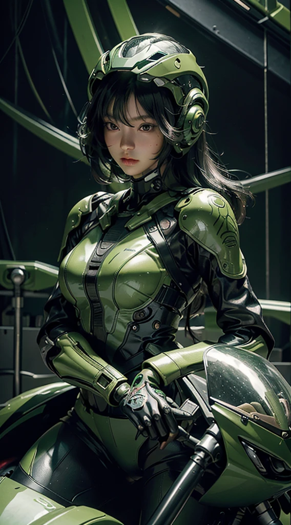 Highest image quality, Excellent details, ultra high resolution, (realism: 1.4), best illustrations, Offer details, Highly concentrated 1girl, Has a delicate and beautiful face, Wearing black and green mecha, Wearing a mecha helmet, holding direction controller, riding a motorcycle, The background is a high-tech light scene of a futuristic city.