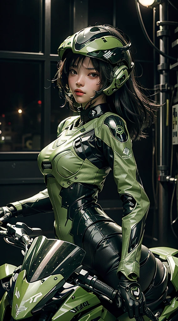 Highest image quality, Excellent details, ultra high resolution, (realism: 1.4), best illustrations, Offer details, Highly concentrated 1girl, Has a delicate and beautiful face, Wearing black and green mecha, Wearing a mecha helmet, holding direction controller, riding a motorcycle, The background is a high-tech light scene of a futuristic city.