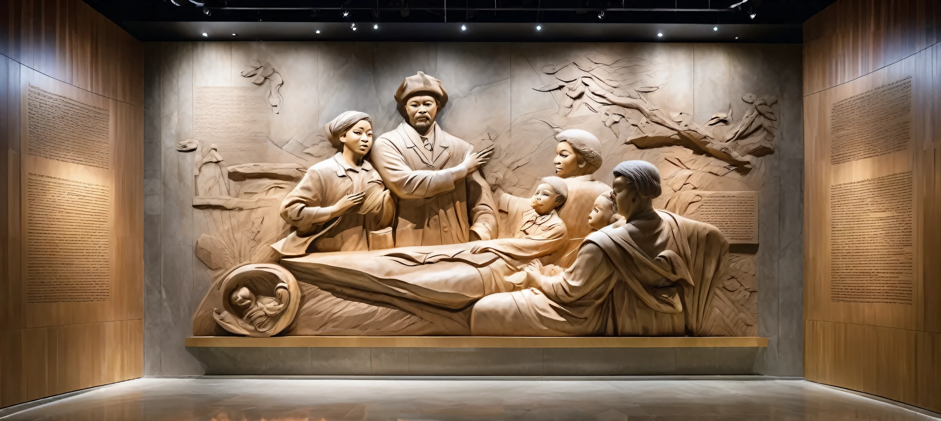 (Front, Side, Left) Immerse yourself in the softly-lit Memorial Hall, surrounded by dim lights and various themed panels surrounding the area, solemn and a testament to history. [Directly in front, a striking bas-relief comes into view; on the bas-relief, children flank a legendary veteran, fondly recounting stories of the past]. Engineering/Architecture & Design, Historical Documentation, Realistic Detail, Polished Concrete, Frosted Photo, Bright Quality Style, (Masterpiece), (High Quality), Best Quality, Realistic, Super Detail, (Full Detail), (4K), 8K。