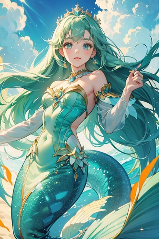Ocean Princess appeared to be a mermaid with light blue-green skin color and darker blue-green hair color. She wears a crown and a short orange cape around her neck. SPARKLE; GLITTER