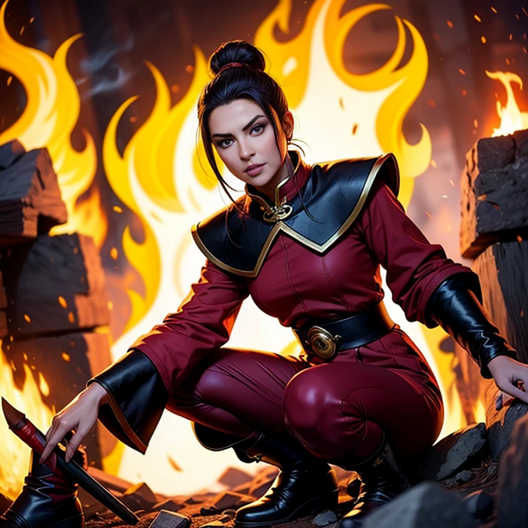 Masterpiece, best quality, detailed face, Azula, black hair, single hair bun, red long-sleeved top, red pants, black boots, posing in the fire nation, looking at viewer, neutral face