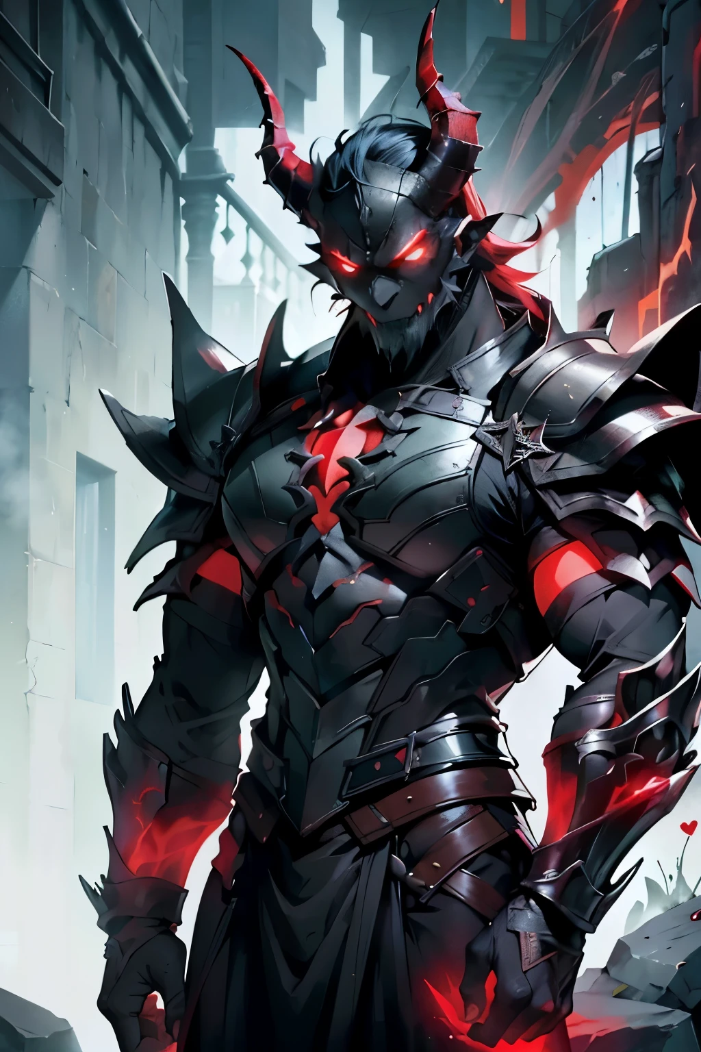 asas nas costas, obra de arte:1.4, the demonic male entity, 1 homem, armadura de pedra, asas nas costas, totalmente blindado, standing with hands wide open, muscular, corpo esguio, pele escamosa, retrato, qualidade do prefeito, extremamente detalhado, dark mist around, fundo escuro, olhos brilhantes, dentes afiados, monstro, espinhoso, enormes chifres retos, heart glowing red inside, pele vermelha e preta, horrible, Horror, inferno, cabelo branco