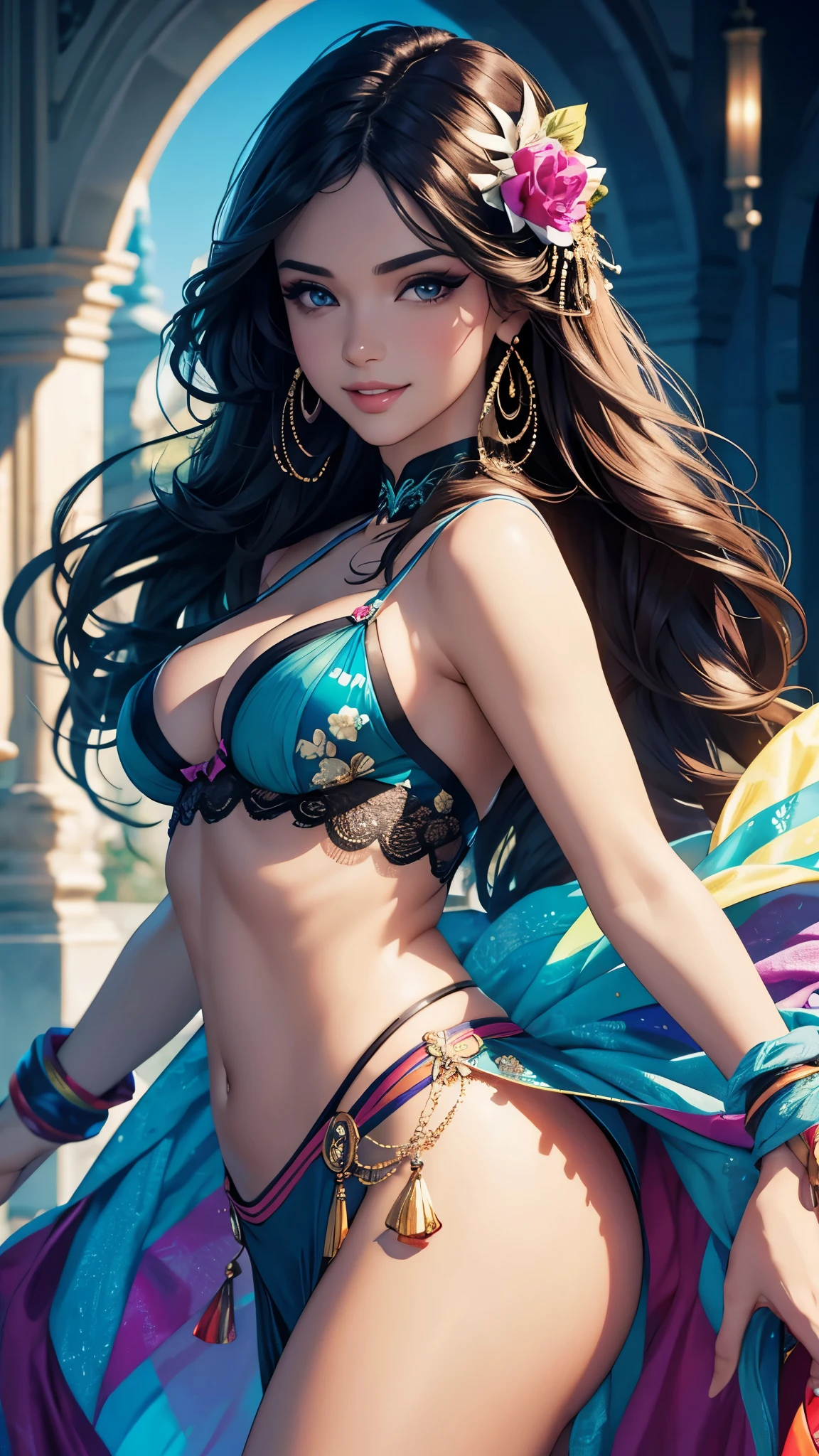 (best quality,ultra-detailed,photo-realistic:1.37),bright and vibrant colors,studio lighting,playful expression,stylish makeup,Flamenco,hair flowing in the wind,alluring eyes,glossy lips,sexy pose, smiling in a confident and seductive way,posing for a professional photoshoot,shallow depth of field,highlighting the main subject,soft natural lighting,creating a dreamy and magical atmosphere.