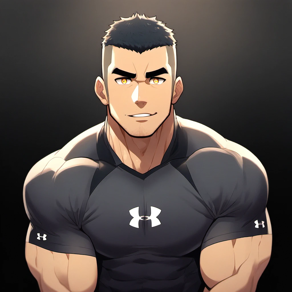 anime characters:Gyee, Fitness coach, 1 muscular tough guy, Manliness, male focus, Under Armour brand sports tight T-shirt, Slightly transparent, muscular male, muscular, only, Upper body, alone, Black short hair, Thick eyebrows, stubble, Yellow eyes, Black background, simple background, amazing quality, best aesthetics, Ridiculous, bright pupils, crew cut, parted lips, embarrassed, forced smile, drop shadow, best quality