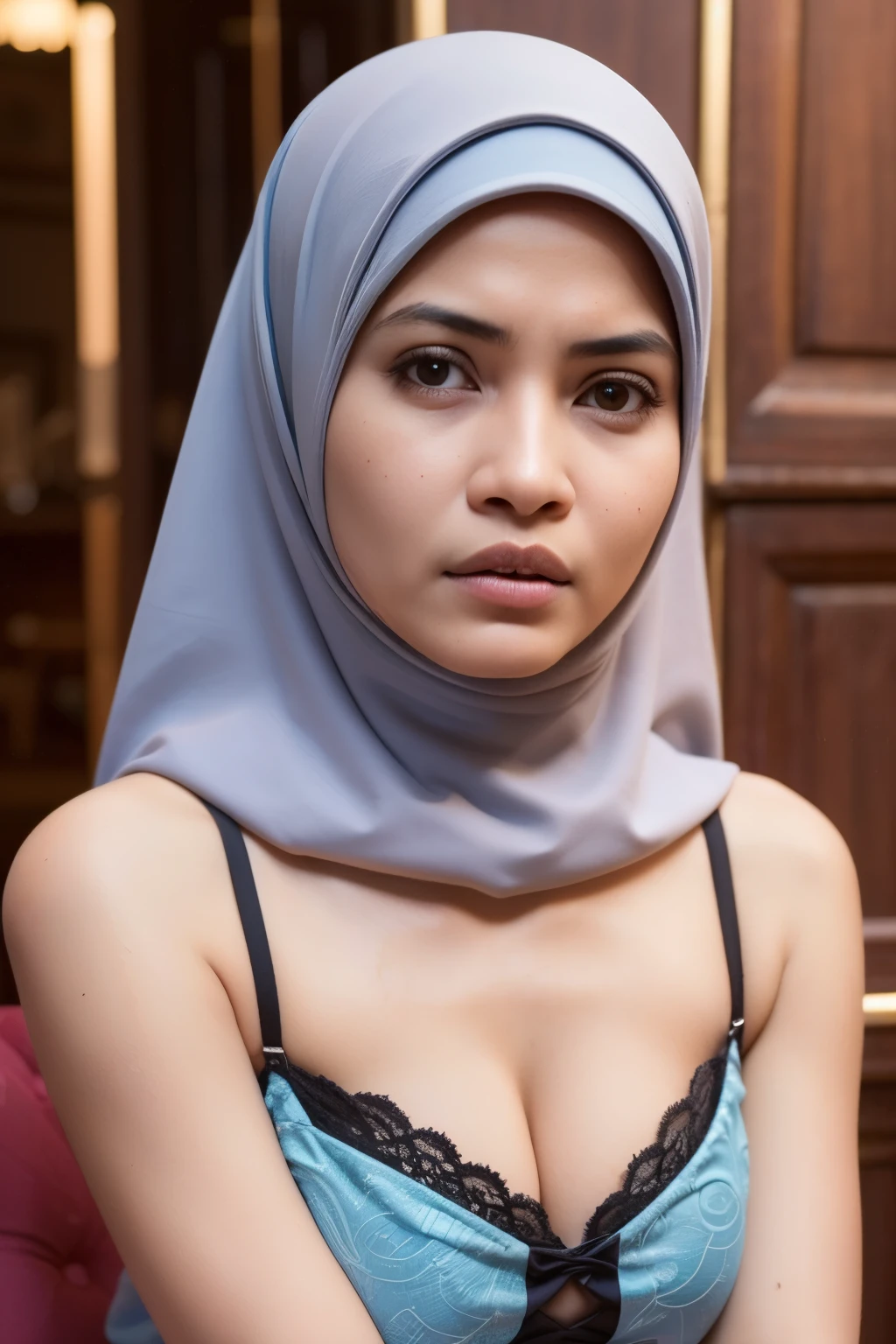 ((Flat Chest)), Naked, Angry pose, Angry face, (((HIJAB MALAY GIRL))), masutepiece, High quality, UHD 45K, Realistic face, Realistic skin feeling , A Malaysia Lady, 49 years old, , Very cute and baby-like face, (((FLAT CHEST))), (MATRIX WORLD), ((look In front  at the camera and SADNESS)), ((())), (((CUTE GIRL))), ((BROWN PASTEL LIPS)), ((BLUE PASTEL LACE)), ((CHUBBY)), ((UNDRESS)). Brown, Flat Chest