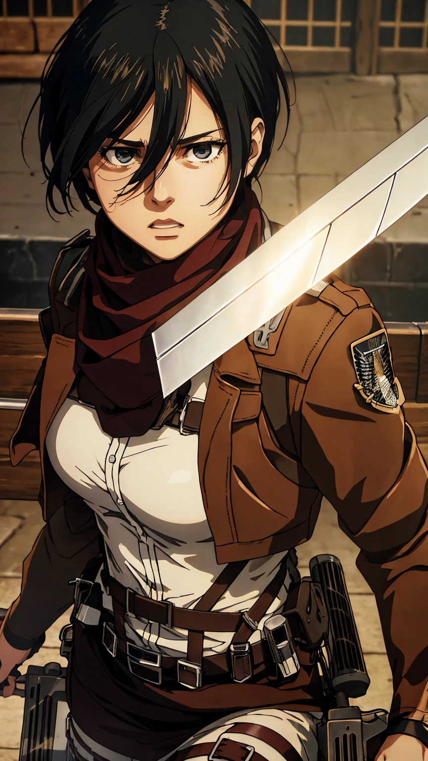 masterpiece, High resolution, realistic, highest quality, 8K, highest quality, Super detailed, cinematic lighting, 1 girl, Mikasa Ackerman, shingeki no kyojin, 1 girl, belt, black hair, クロップドJacket, symbol, hair between eyes, Jacket, Paradise Military Uniform, 赤いscarf, scarf, short hair, shout, anger, Are crying, Watery eye, scar, view viewer, Otto Style, sword, huge wall, In combat