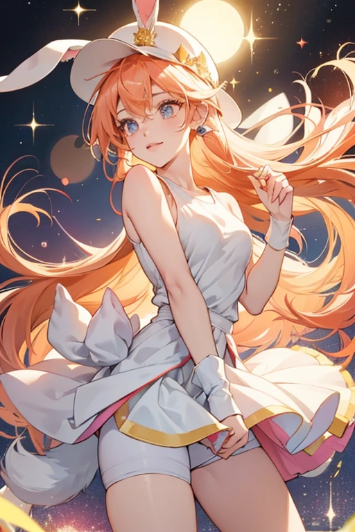 She is a rabbit-like humanoid with peach-colored skin and a white, cotton-like tail. The long ears of her hat cover her actual ears. While her original clothes were a white tank top and a pair of shorts, her Fionna costume is different in that her skirt is long enough to be a dress. SPARKLE; GLITTER