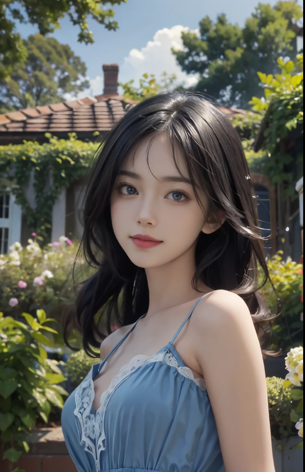 (ultra realistic) , (illustration), (increase resolution), (8K), (extremely detailed), (best illustration), (beautiful detailed eyes), (best quality), (ultra-detailed), (masterpiece), (wallpaper), (detailed face), solo,1 girl, looking at viewers, black straight hair, delicate details, in the dark, deep shadow, low key, pureerosfaceace_v1, happy smile, blue summer dress, full body, garden