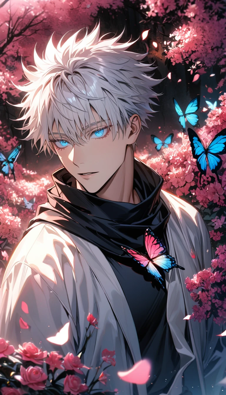 Ultra detailed, highres, absurdres, HDR, Gojou Satoru, white hair with bangs, blue eyes, black scarf, black tight shirt, white haori, Jujutsu Kaisen, handsome, 1 man only, pink forest, butterflies, flowers, petals,