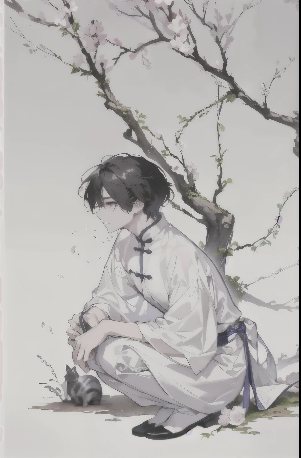 Anime-style drawing of a woman kneeling under a flowering tree, Inspired by Bian Shoumin, Demon slayer art handsome man, delicate and androgynous prince, artwork in the style of Gweiz, Inspired by Chen Daofu, beautiful androgynous prince, Gweiz, Inspired by Huang Gongwang, Inspired by Xiao Yuncon