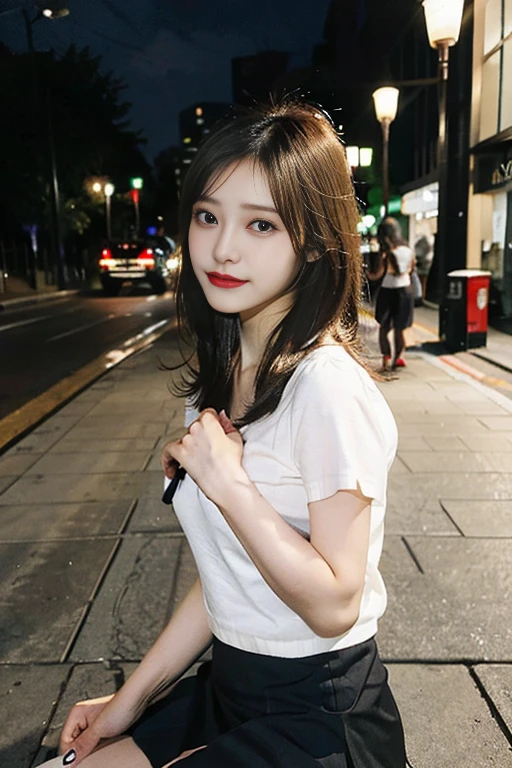 ((highest quality, 8K, masterpiece :1.3)), ((Beautiful Japanese women 1.2)),full body portrait,beautiful face, delicate face, beautiful face, beautiful eyes,well-equipped eyes,beautiful mouth,small breasts, flat chest, small breasts,short cut hair,brown hair,27 year old female, slim body shape, small bust,A thin white shirt,Open the chest collar,short skirt,mini tight skirt,barefoot,downtown at night,outdoor scene,stiletto heels,high heels,standing position