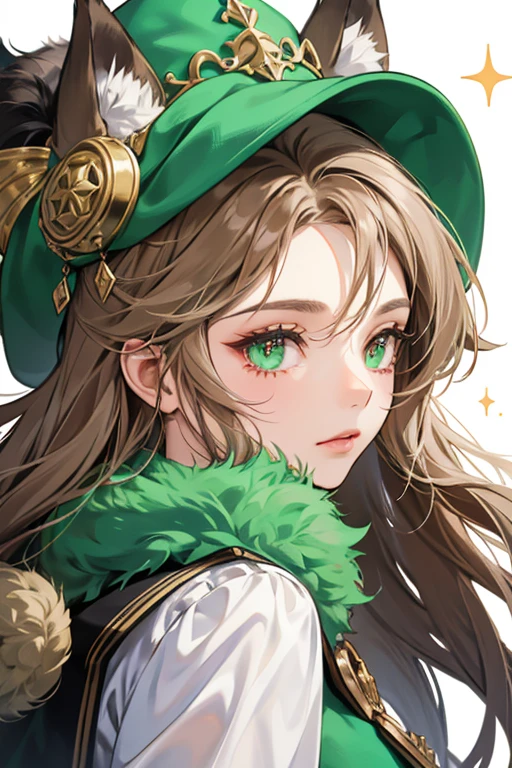 She looks very similar to Party God; she is also a wolf's head. However, she has hair over her eyes, her green hat is facing forward (instead of backward), her eyes are less circular, and she has lighter brown fur. SPARKLE; GLITTER