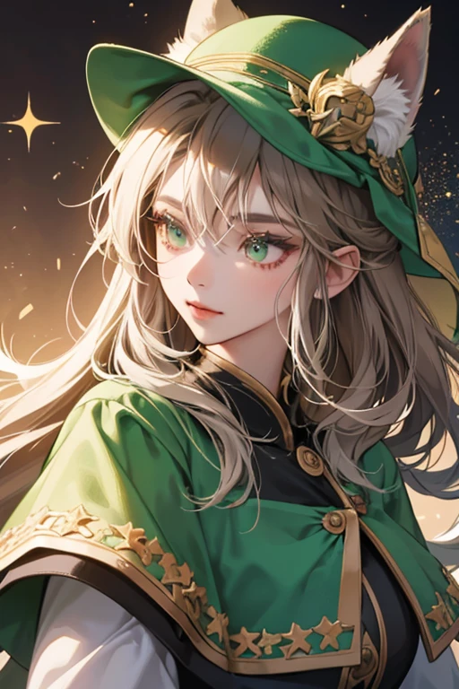 She looks very similar to Party God; she is also a wolf's head. However, she has hair over her eyes, her green hat is facing forward (instead of backward), her eyes are less circular, and she has lighter brown fur. SPARKLE; GLITTER
