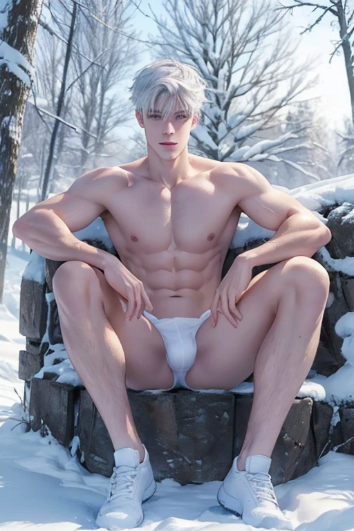  Full full body photorealistic ultra realism high definition aesthetic stabilized diffusion picture of handsome  fractal clean shaven Shawn Mendes as white haired blue eyes Jack Frost,. shirtless winter as the background.. sitting firmly face front camera focus. 