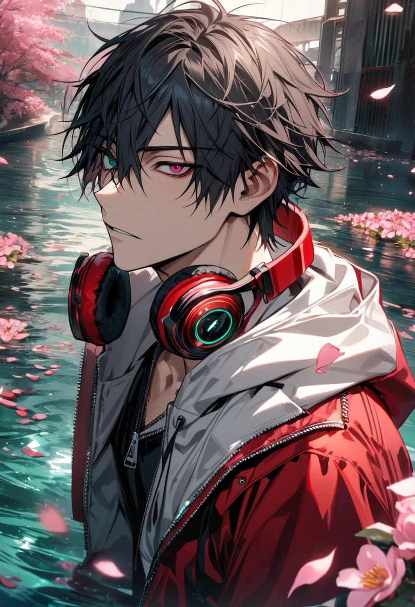 absurdres, highres, ultra detailed, HDR, master piece, best quality, Yamada Ichiro, chin length black hair, Hypnosis Mic, heterochromia, left eye is red, right eye is green, a white hoodie with two zippers, red varsity jacket, red headphones around his neck, 1man, handsome, pink petals, water, pink flowers