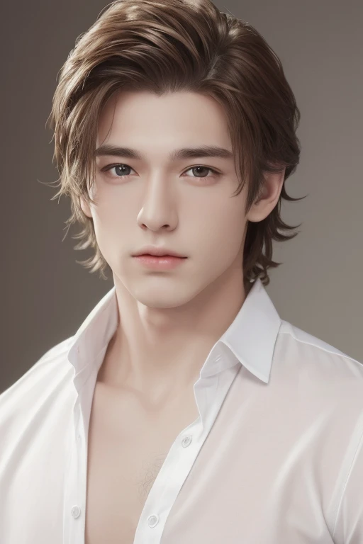 Oppav3, (masterpiece, super high quality, high resolution, 8K, complex: 1.2), (detailed face: 1.2), (wearing a white shirt: 1.5), handsome, detailed skin, pores, absurd, clumsy, 1boy, male focus, (realistic)), good lighting quality, muscle veins, (((pale skin)), curved, balanced eyes, brown eyes,