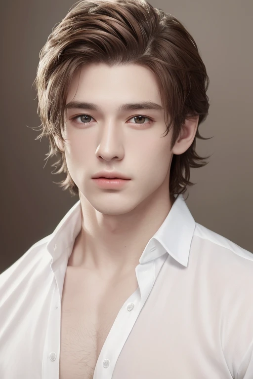 Oppav3, (masterpiece, super high quality, high resolution, 8K, complex: 1.2), (detailed face: 1.2), (wearing a white shirt: 1.5), handsome, detailed skin, pores, absurd, clumsy, 1boy, male focus, (realistic)), good lighting quality, muscle veins, (((pale skin)), curved, balanced eyes, brown eyes,