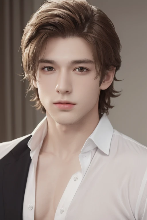 Oppav3, (masterpiece, super high quality, high resolution, 8K, complex: 1.2), (detailed face: 1.2), (wearing a white shirt: 1.5), handsome, detailed skin, pores, absurd, clumsy, 1boy, male focus, (realistic)), good lighting quality, muscle veins, (((pale skin)), curved, balanced eyes, brown eyes,