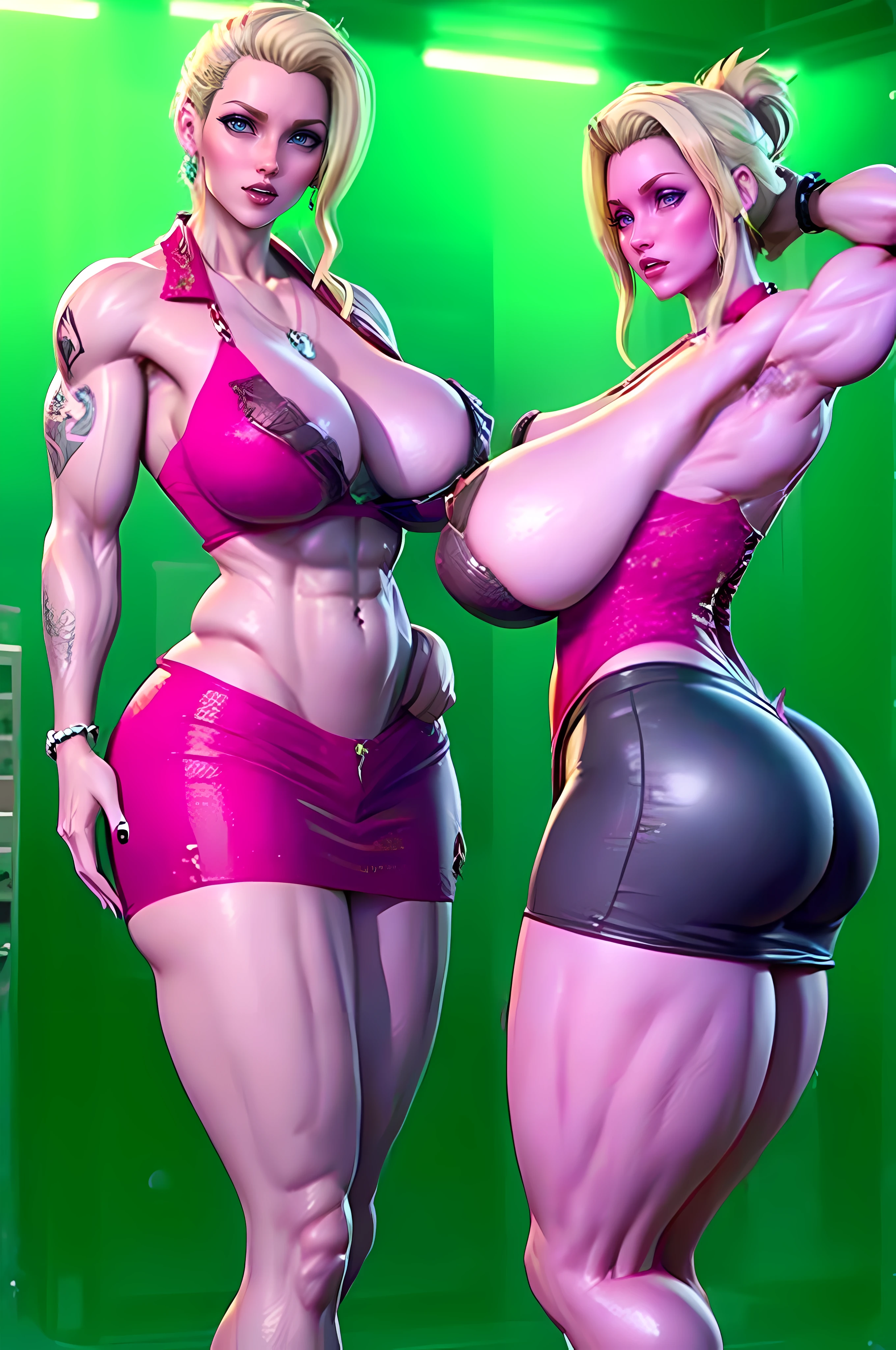 masterpiece, best quality,3d render ,3DMM style,close-up, 3D,1girl, solo, ((((Massive Female Bodybuilder)))), (((huge muscular ass))), (wide hips), (slim waist), (((wide shoulders))), ((((Huge breasts:1.2)))), black hair, realistic, upper body, dark futuristic office background, makeup, cleavage, standing, arched back, cameltoe, (red bikini:1.3), (blonde hair clipped up:1.2)