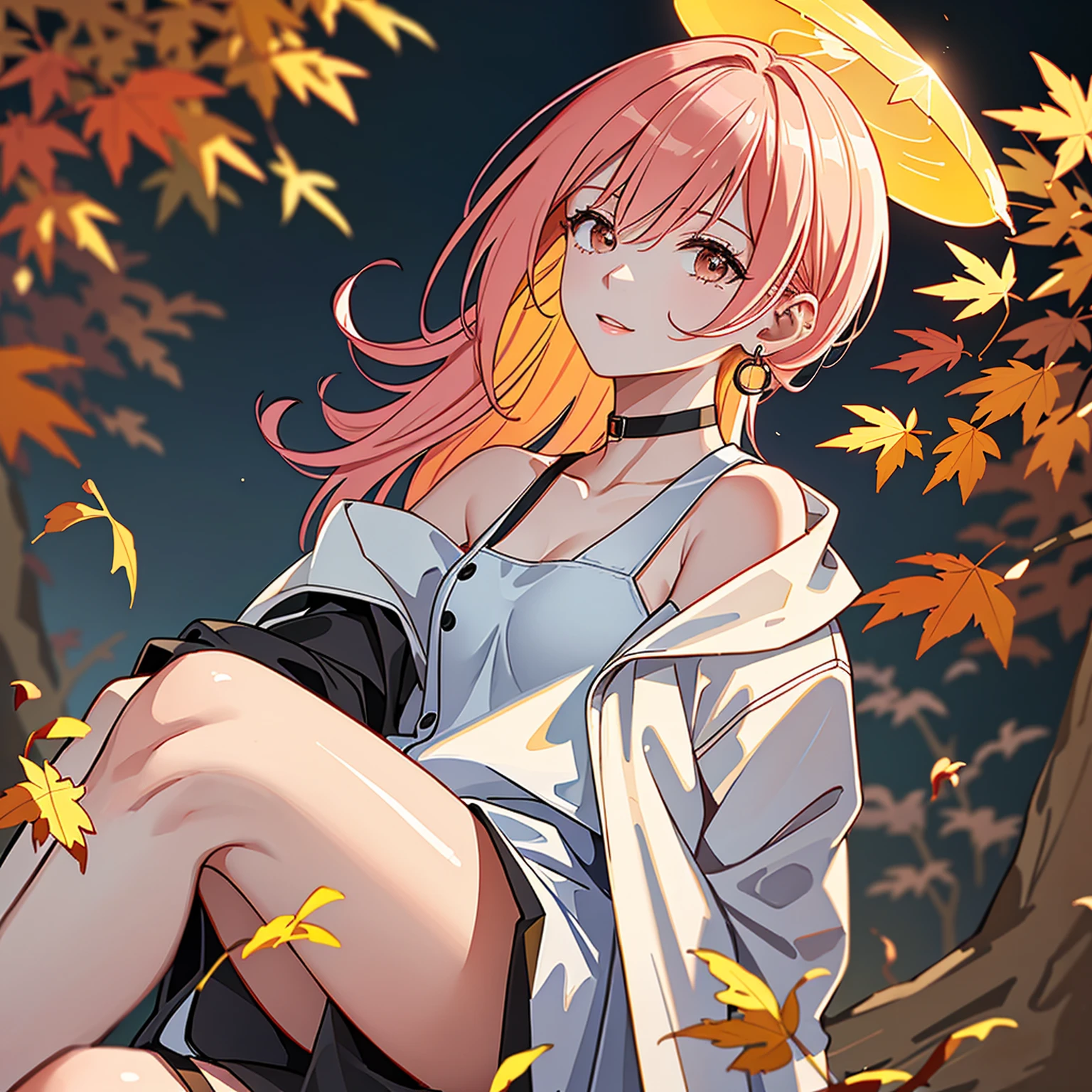 (masterpiece, high quality, 4k:1.4), 1girl, solo, pink hair, brown eyes, double-parted bangs, long hair, (mature female, mature:1.3), mole under eye, choker, earrings, black sleeveless top, short beige skirt, white jacket, autumn, orange and red leaves, streetlight, night sky, moonlight, close up