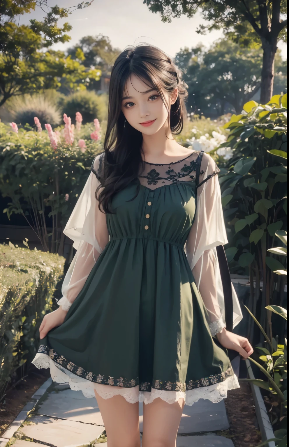 A woman in a green dress standing on a sidewalk - SeaArt AI